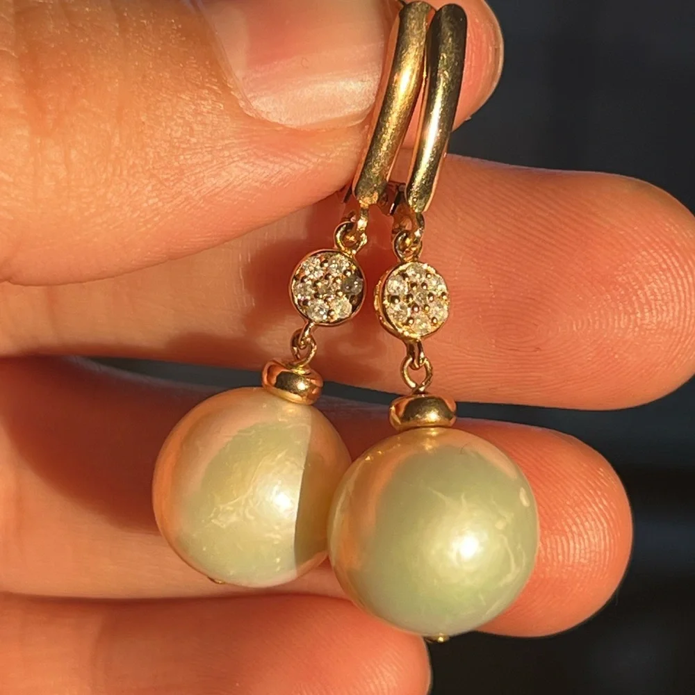 14k Large South Sea Pearls and Diamond earrings - Picture 1 of 9